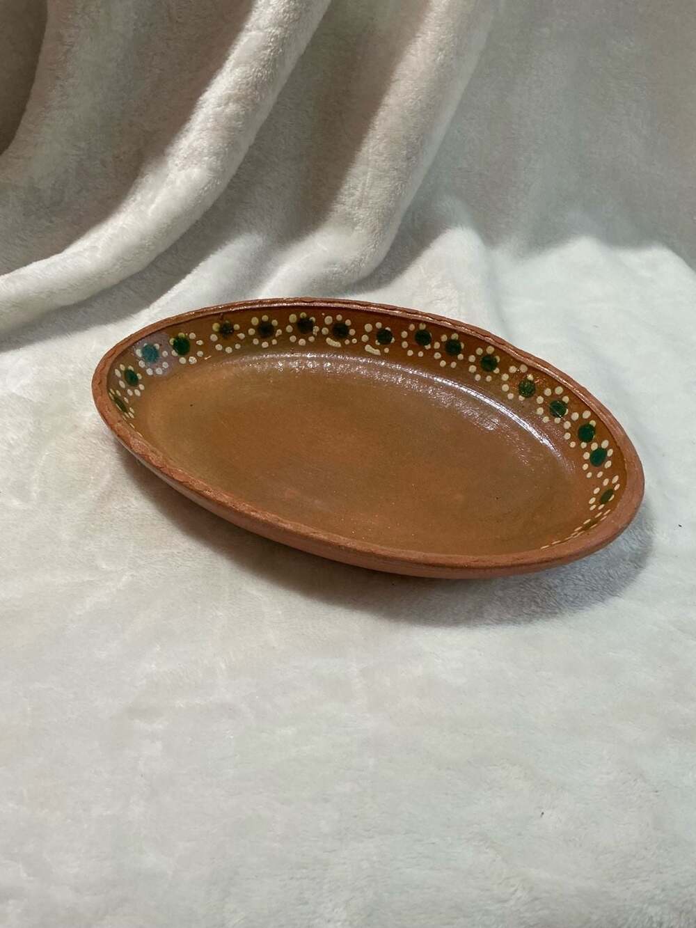 Mexican Handcrafted Terracotta Barro Oval Plate with Painted Floral Dot Rim